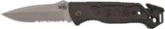 SOG Specialty Knives - 3-13/32" Blade, 8.2" OAL, Partially Serrated Clip Point Folding Knife - 4.8" Closed Length, Plastic, 1 Blade, 1 Edge - Industrial Tool & Supply