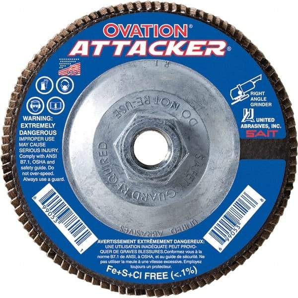 Sait - 80 Grit, 5" Disc Diam, 5/8-11 Center Hole, Type 27 Zirconia Alumina Flap Disc - 12,200 Max RPM, Fiberglass Backing, Arbor Attaching System, Coated - Industrial Tool & Supply