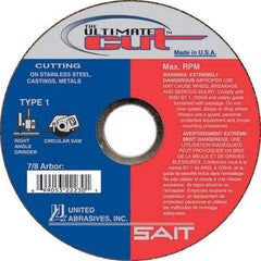 Sait - 4-1/2" Aluminum Oxide Cutoff Wheel - 0.045" Thick, 7/8" Arbor, 13,300 Max RPM, Use with Angle Grinders - Industrial Tool & Supply