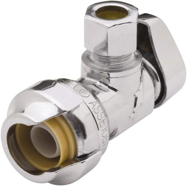SharkBite - 1/2 & 1/4" Pipe, 200 psi WOG Rating, Brass Angle Stop Valve - Chrome Finished Handle, Push Fit End Connections, For Potable Water Applications - Industrial Tool & Supply