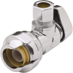 SharkBite - 1/2 & 1/4" Pipe, 200 psi WOG Rating, Brass Angle Stop Valve - Chrome Finished Handle, Push Fit End Connections, For Potable Water Applications - Industrial Tool & Supply