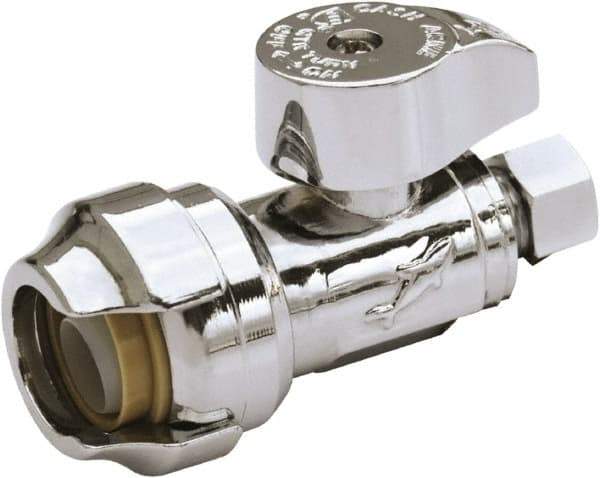 SharkBite - 1/2 & 3/8" Pipe, 200 psi WOG Rating, Brass Stop Valve - Chrome Finished Handle, Push Fit End Connections, For Potable Water Applications - Industrial Tool & Supply