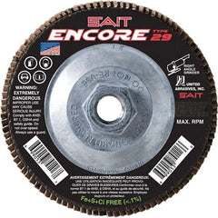Sait - 40 Grit, 6" Disc Diam, 5/8-11 Center Hole, Type 27 Zirconia Alumina Flap Disc - 10,200 Max RPM, Fiberglass Backing, Arbor Attaching System, Coated - Industrial Tool & Supply