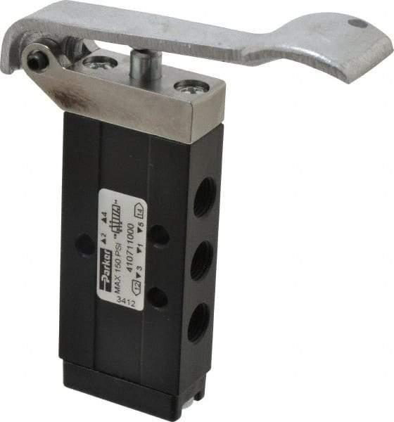 Parker - 0.20 CV Rate, 1/8" NPT Inlet Direct Air 2 Mechanical Spool Valve - 150 Max psi, H, Lever Spring Return - Industrial Tool & Supply