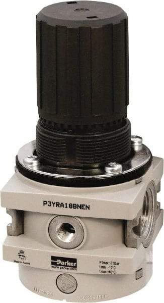 Parker - 3/4 NPT Port, 380 CFM, Aluminum Hi-Flow Regulator - 0 to 174 psi Range, 254 Max psi Supply Pressure, 1/4" Gauge Port Thread, 3-1/2" Wide x 7.2" High - Industrial Tool & Supply
