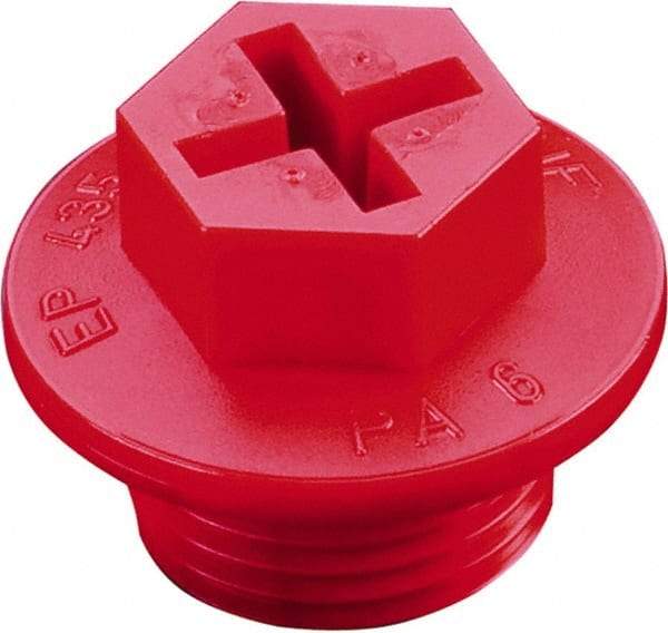 Caplugs - Hex Head with Slot, Threaded Plug - 1.65" OD, 1-3/16" Long, High-Density Polyethylene, Red - Industrial Tool & Supply