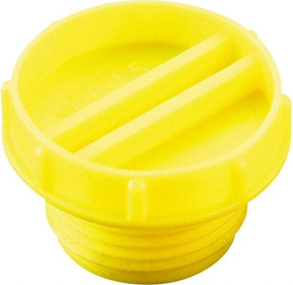 Caplugs - Serrated Round Head with Slot, Threaded Plug - 23.11mm OD, Low-Density Polyethylene, Yellow - Industrial Tool & Supply