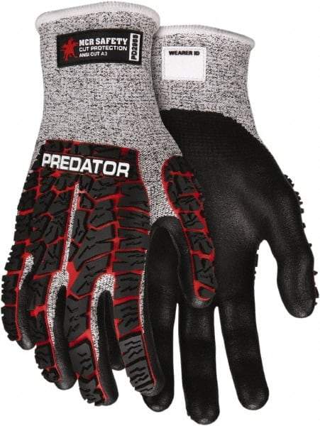 MCR Safety - Size 2XL (11), ANSI Cut Lvl A3, Puncture Lvl 4, Abrasion Lvl 4, Nitrile Coated HPPE Fiber Cut Resistant Gloves - Palm & Fingers Coated, Knit Wrist, Salt & Pepper/Red/Black, Paired - Industrial Tool & Supply