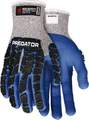 MCR Safety - Size L (9), ANSI Cut Lvl A4, Nitrile Coated Dyneema Diamond HPPE liner Cut Resistant Gloves - Palm & Fingers Coated, EVA Foam Lining, Knit Wrist, Salt & Pepper/Blue/Black, Paired - Industrial Tool & Supply