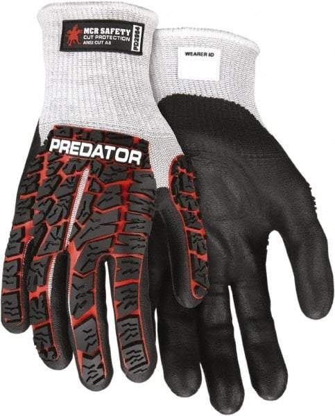 MCR Safety - Size M (8), ANSI Cut Lvl A8, Puncture Lvl 4, Abrasion Lvl 3, Nitrile Coated HPPE Fiber Cut Resistant Gloves - Palm & Fingers Coated, EVA Foam Lining, Knit Wrist, Salt & Pepper/Red/Black, Paired - Industrial Tool & Supply