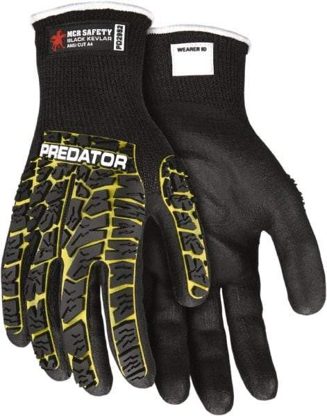 MCR Safety - Size M (8), ANSI Cut Lvl A4, Puncture Lvl 4, Abrasion Lvl 3, Nitrile Coated Kevlar Cut Resistant Gloves - Palm & Fingers Coated, EVA Foam Lining, Knit Wrist, Black/Yellow, Paired - Industrial Tool & Supply