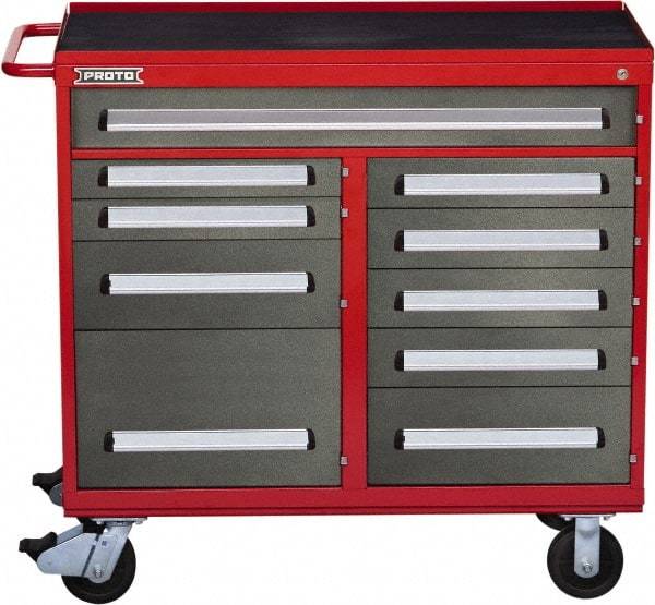 Proto - 10 Drawer Steel Tool Roller Cabinet - 45" Wide x 42-1/2" High x 21-3/8" Deep, Ball Bearing Drawer Slides, Safety Red/Gray - Industrial Tool & Supply