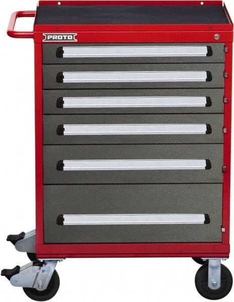 Proto - 6 Drawer Steel Tool Roller Cabinet - 30" Wide x 42-1/2" High x 21-3/8" Deep, Ball Bearing Drawer Slides, Safety Red/Gray - Industrial Tool & Supply