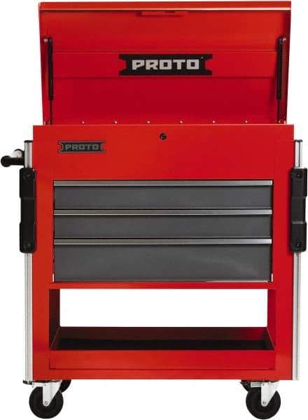 Proto - 3 Drawer Steel Tool Roller Cabinet - 37" Wide x 43" High x 20" Deep, Ball Bearing Drawer Slides, Safety Red/Gray - Industrial Tool & Supply
