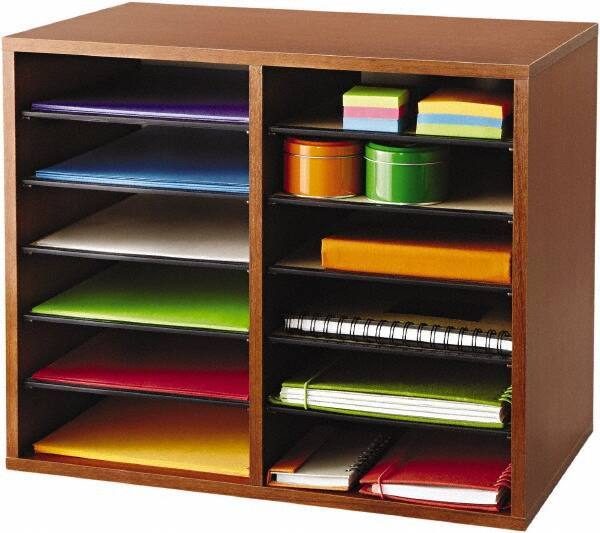 Safco - 19-1/2" Wide x 16" High x 12" Deep Fiberboard, Hardboard & Laminated Compressed Wood Document Organizer - 12 Compartments, Cherry, 9" Wide x 2-3/8" High x 11-1/2" Deep Compartment - Industrial Tool & Supply