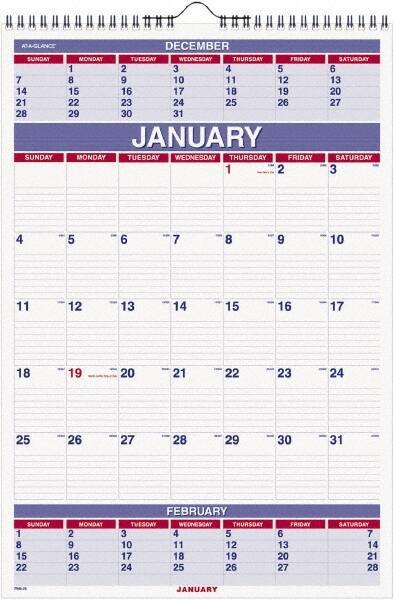 AT-A-GLANCE - 12 Sheet, 8-3/4 x 10", Wall Calendar - White - Industrial Tool & Supply
