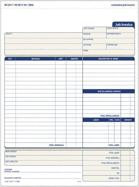 TOPS - 50 Sheet, 4-1/4 x 5-1/2", Invoice Book - Blue & White - Industrial Tool & Supply