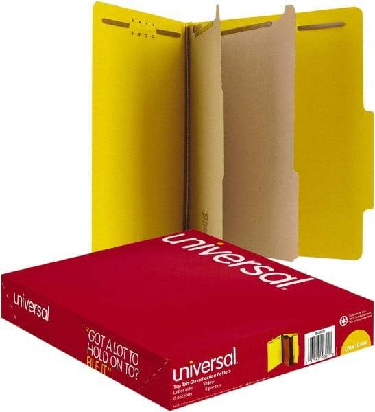 UNIVERSAL - 8-1/2 x 11", Letter Size, Yellow, Classification Folders with Top Tab Fastener - 25 Point Stock, Right of Center Tab Cut Location - Industrial Tool & Supply