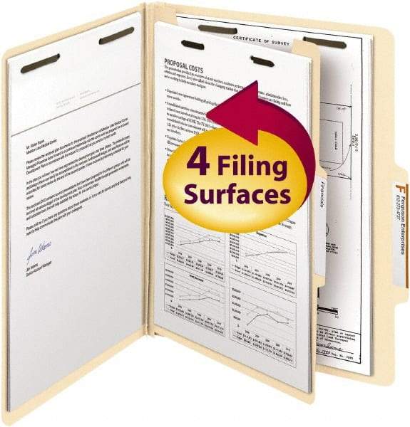 SMEAD - 8-1/2 x 11", Letter Size, Manila, Classification Folders with Top Tab Fastener - 18 Point Stock, Right of Center Tab Cut Location - Industrial Tool & Supply