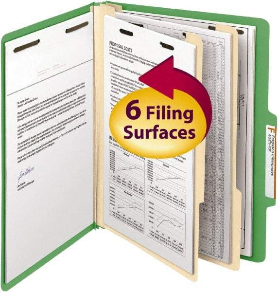 SMEAD - 8-1/2 x 11", Letter Size, Green, Classification Folders with Top Tab Fastener - 14 Point Stock, Right of Center Tab Cut Location - Industrial Tool & Supply