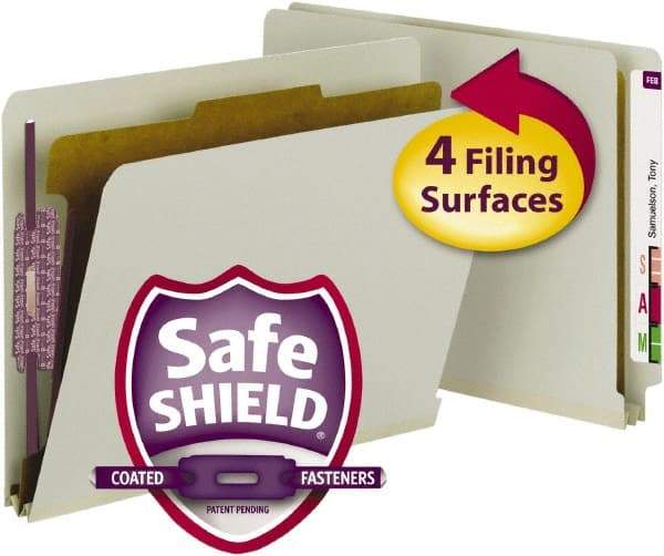 SMEAD - 8-1/2 x 11", Letter Size, Gray/Green, Classification Folders with End Tab Fastener - 25 Point Stock, Straight Tab Cut Location - Industrial Tool & Supply