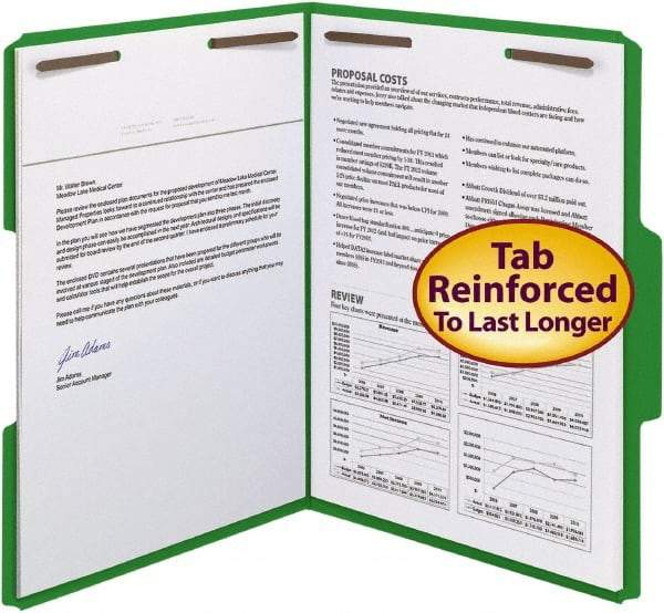 SMEAD - 8-1/2 x 11", Letter Size, Green, File Folders with Top Tab - 11 Point Stock, Assorted Tab Cut Location - Industrial Tool & Supply
