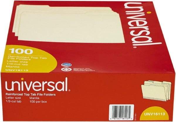 UNIVERSAL - 8-1/2 x 11", Letter Size, Manila, File Folders with Top Tab - 11 Point Stock, Assorted Tab Cut Location - Industrial Tool & Supply