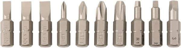 Wiha - 10 Piece, 1/4" Drive Screwdriver Insert Bit Set - #0 to #3 Phillips, #1 to #3 Square Recess, 4.5, 5.5 & 6mm Slotted - Industrial Tool & Supply