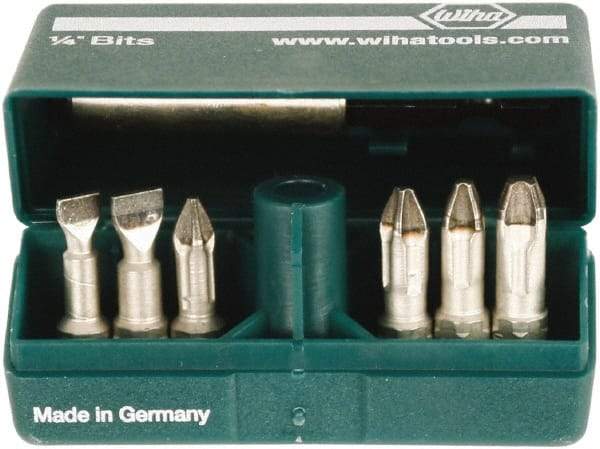 Wiha - 7 Piece, 1/4" Drive Screwdriver Insert Bit Set - #1 to #3 Phillips, 5.5 & 6.5mm Slotted - Industrial Tool & Supply