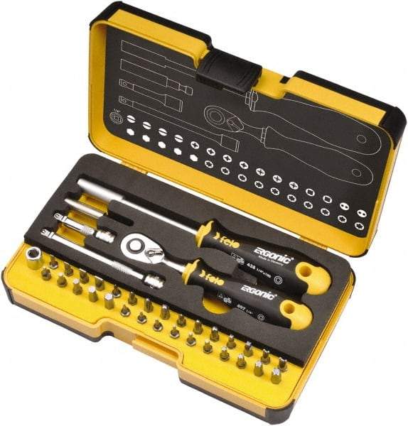 Felo - 36 Piece, 1/4" Drive Screwdriver Mini-Ratchet Bit Kit - #0 to #3 Phillips, 2 to 6mm Hex, T5 to T40 Torx, #1, #2 & #3 Pozidriv, 1/8, 5/32, 3/16, 7/32, 1/4 & 9/32" Slotted - Industrial Tool & Supply