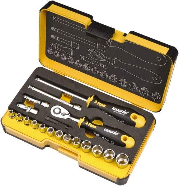 Felo - 19 Piece 1/4" Drive Chrome Finish Socket Set - 6 Points, 1/8" to 9/16" Range, Inch Measurement Standard - Industrial Tool & Supply