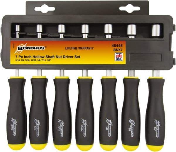 Bondhus - 7 Piece 3/16 to 1/2" Nutdriver Set - Hollow Shaft, Ergonomic Handle - Industrial Tool & Supply