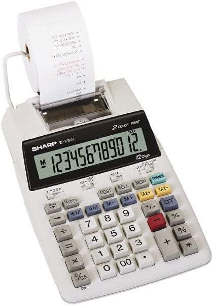 Sharp - LCD Printing Calculator - 5-7/8 x 8-7/8 Display Size, White, AC & Battery Powered, 3" Long x 6.4" Wide - Industrial Tool & Supply
