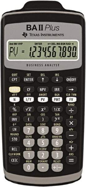 Texas Instruments - LCD Financial Calculator - 3 x 6 Display Size, Black, Battery Powered, 2.4" Long x 6-1/2" Wide - Industrial Tool & Supply