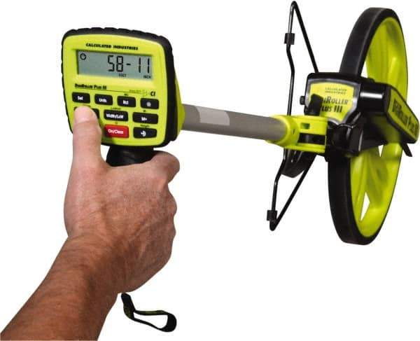 Calculated Industries - 9,999,999' Counter Limit, 45" OAL, Fluorescent Green Measuring Wheel - 99.5" Accuracy per 100", Measures in Feet, Meters, Yards & Inches - Industrial Tool & Supply