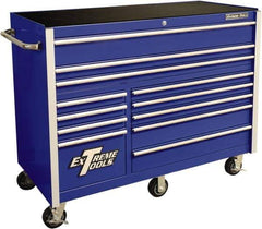 EXTREME TOOLS - 12 Drawer Steel/Aluminum Tool Roller Cabinet - 55" Wide x 46" High x 25" Deep, Ball Bearing Drawer Slides, Blue - Industrial Tool & Supply