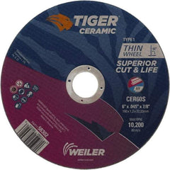 Weiler - 6" 60 Grit Ceramic Cutoff Wheel - 0.045" Thick, 7/8" Arbor, 10,200 Max RPM, Use with Angle Grinders - Industrial Tool & Supply