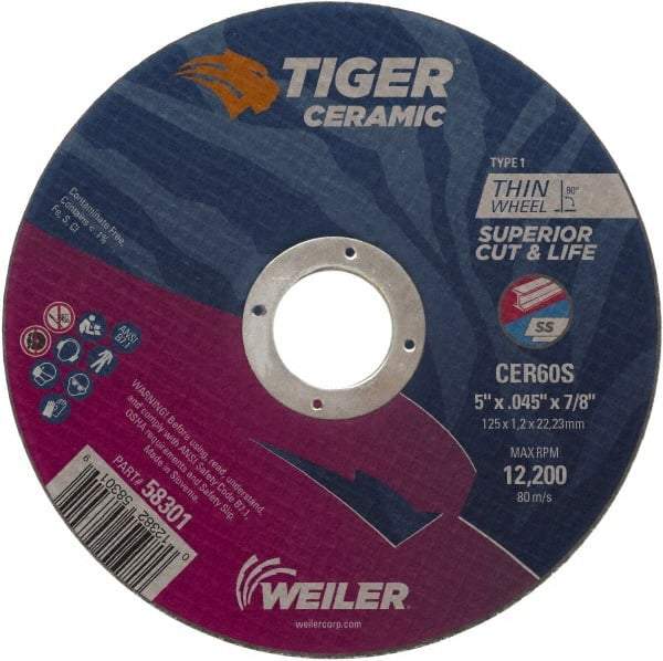 Weiler - 5" 60 Grit Ceramic Cutoff Wheel - 0.045" Thick, 7/8" Arbor, 12,200 Max RPM, Use with Angle Grinders - Industrial Tool & Supply