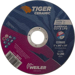 Weiler - 5" 60 Grit Ceramic Cutoff Wheel - 0.045" Thick, 7/8" Arbor, 12,200 Max RPM, Use with Angle Grinders - Industrial Tool & Supply