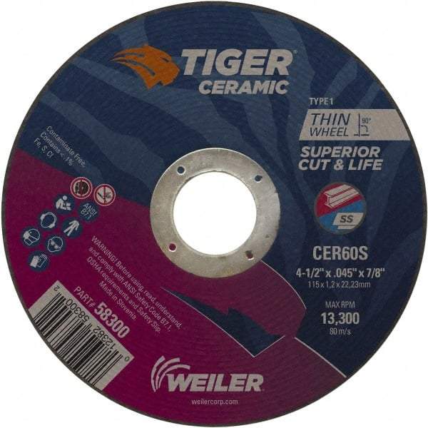 Weiler - 4-1/2" 60 Grit Ceramic Cutoff Wheel - 0.045" Thick, 7/8" Arbor, 13,300 Max RPM, Use with Angle Grinders - Industrial Tool & Supply