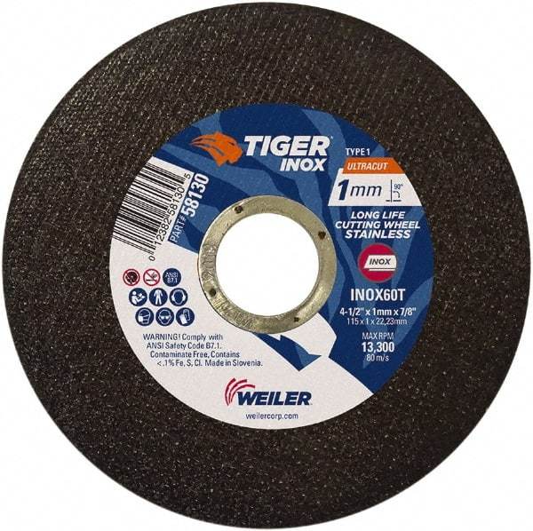 Weiler - 4-1/2" 60 Grit Aluminum Oxide Cutoff Wheel - 0.0393" Thick, 7/8" Arbor, 13,300 Max RPM, Use with Angle Grinders - Industrial Tool & Supply