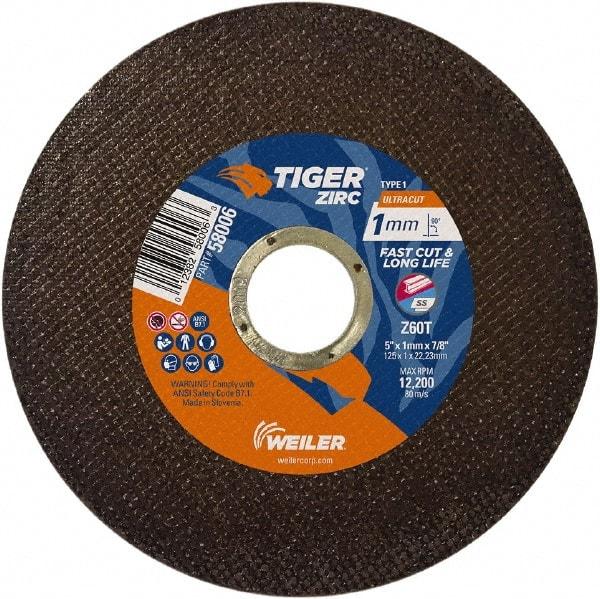 Weiler - 5" 60 Grit Zirconia Alumina Cutoff Wheel - 0.0393" Thick, 7/8" Arbor, 12,200 Max RPM, Use with Angle Grinders - Industrial Tool & Supply