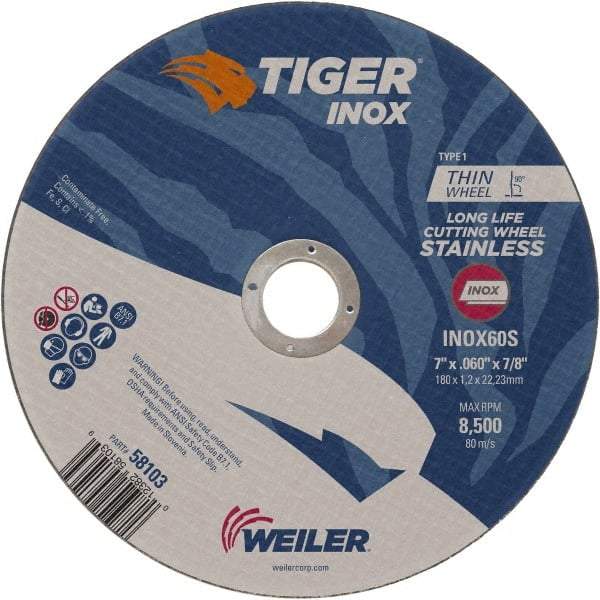 Weiler - 7" 60 Grit Aluminum Oxide Cutoff Wheel - 0.045" Thick, 7/8" Arbor, 8,500 Max RPM, Use with Angle Grinders - Industrial Tool & Supply