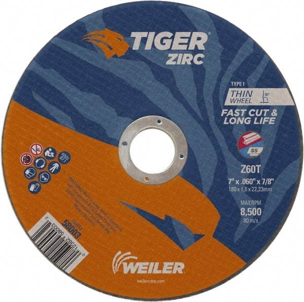 Weiler - 7" 60 Grit Zirconia Alumina Cutoff Wheel - 0.06" Thick, 7/8" Arbor, 8,500 Max RPM, Use with Angle Grinders - Industrial Tool & Supply