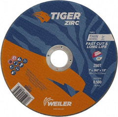 Weiler - 7" 60 Grit Zirconia Alumina Cutoff Wheel - 0.06" Thick, 7/8" Arbor, 8,500 Max RPM, Use with Angle Grinders - Industrial Tool & Supply