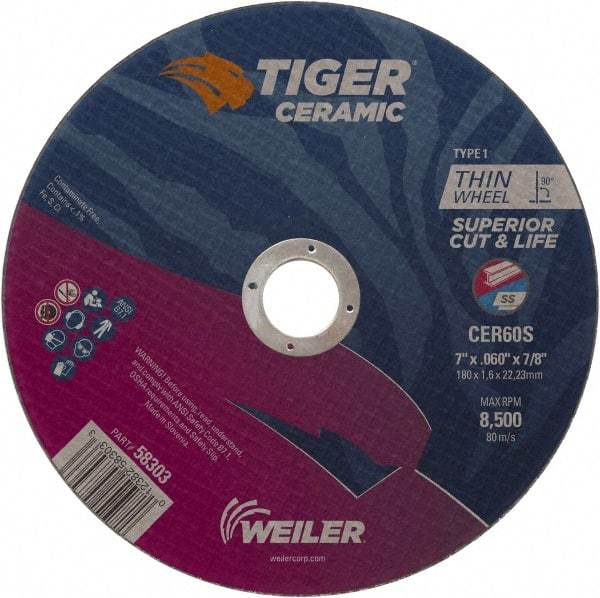 Weiler - 7" 60 Grit Ceramic Cutoff Wheel - 0.06" Thick, 7/8" Arbor, 8,500 Max RPM, Use with Angle Grinders - Industrial Tool & Supply