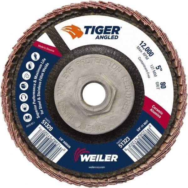 Weiler - 80 Grit, 5" Disc Diam, 5/8-11 Center Hole, Type 27 Ceramic Alumina Flap Disc - 12,000 Max RPM, Phenolic Backing, Arbor Attaching System, Coated - Industrial Tool & Supply