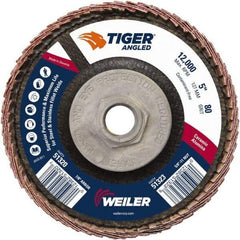 Weiler - 80 Grit, 5" Disc Diam, 5/8-11 Center Hole, Type 27 Ceramic Alumina Flap Disc - 12,000 Max RPM, Phenolic Backing, Arbor Attaching System, Coated - Industrial Tool & Supply