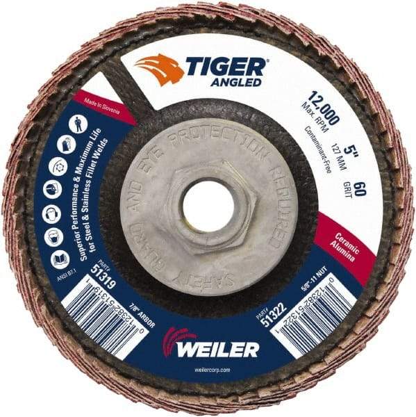 Weiler - 60 Grit, 5" Disc Diam, 5/8-11 Center Hole, Type 27 Ceramic Alumina Flap Disc - 12,000 Max RPM, Phenolic Backing, Arbor Attaching System, Coated - Industrial Tool & Supply
