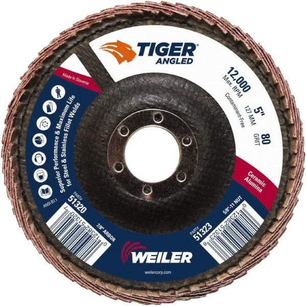 Weiler - 80 Grit, 5" Disc Diam, 7/8" Center Hole, Type 27 Ceramic Alumina Flap Disc - 12,000 Max RPM, Phenolic Backing, Arbor Attaching System, Coated - Industrial Tool & Supply